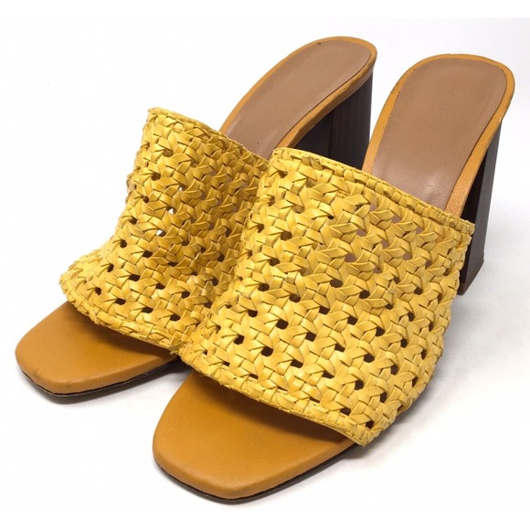 Zara Women's Sz 40 Yellow Braided Woven Faux Leather Slip-On Mule Wedge Sandals - Picture 3 of 7